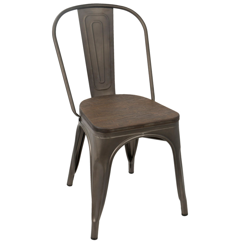 Set of two Lumi Source Oregon Industrial Farmhouse Stackable Dining Chairs with wooden seats and metal frames.