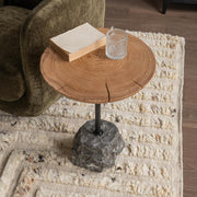 Natural and black Linden end table by Classic Home with a sleek wood finish and modern design, shown from a front view.