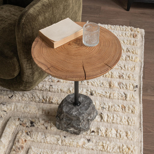 Natural and black Linden end table by Classic Home with a sleek wood finish and modern design, shown from a front view.
