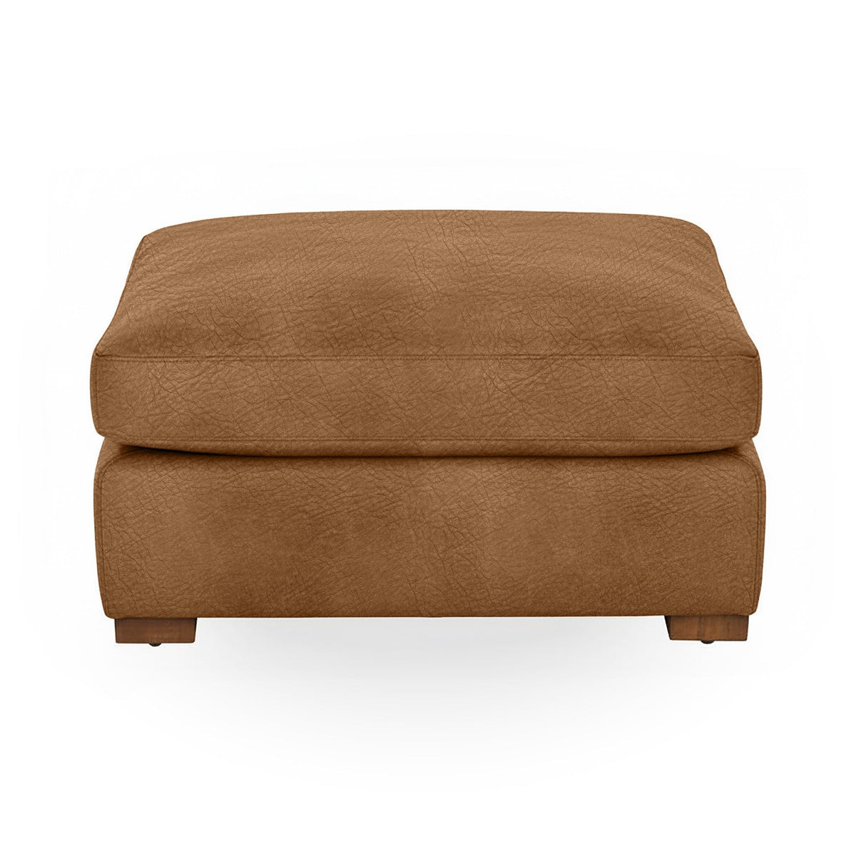 Classic Home Audrey upholstered ottoman with a plush fabric top and wooden legs, ideal as a stylish footrest or accent piece.