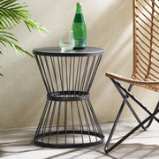 Noble House Lassen Modern Outdoor Side Table with hourglass design, crafted for stylish patio or garden seating areas.
