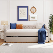 DreamHaus upholstered storage daybed with two drawers and wood slat support, featuring a modern design and soft fabric upholstery.