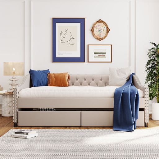 DreamHaus upholstered storage daybed with two drawers and wood slat support, featuring a modern design and soft fabric upholstery.