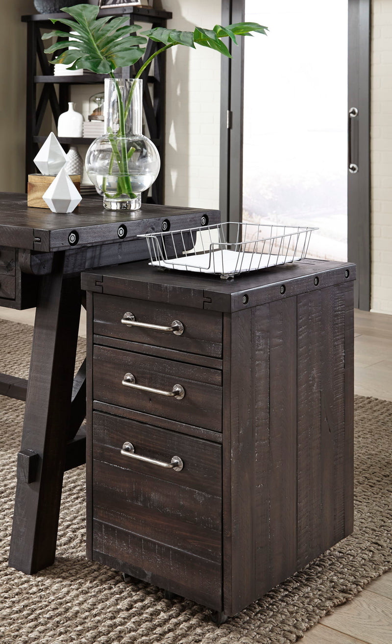 Modus Yosemite solid wood rolling file cabinet in café finish with multiple drawers on casters for office storage.