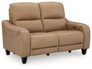 Ashley Mosswell power reclining loveseat with adjustable headrest in toffee color, showing plush fabric and reclining features.