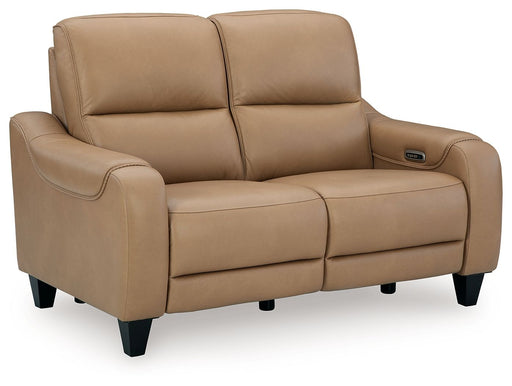 Ashley Mosswell power reclining loveseat with adjustable headrest in toffee color, showing plush fabric and reclining features.