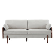 Noble House mid-century modern sofa with wood side panels, stationary design, and plush upholstery in a stylish living room setting.