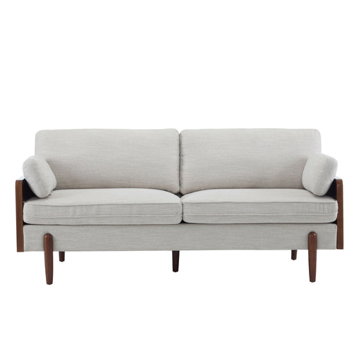 Noble House mid-century modern sofa with wood side panels, stationary design, and plush upholstery in a stylish living room setting.