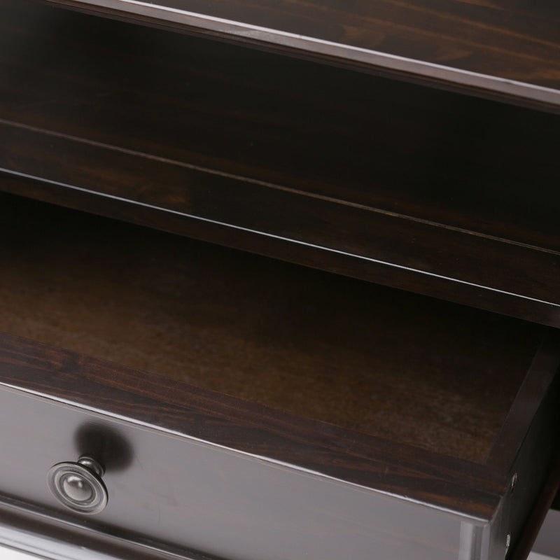 Hickory brown Amherst coffee table by Simpli-Home with a rectangular wooden top and sturdy legs, modern style in a living room setting.