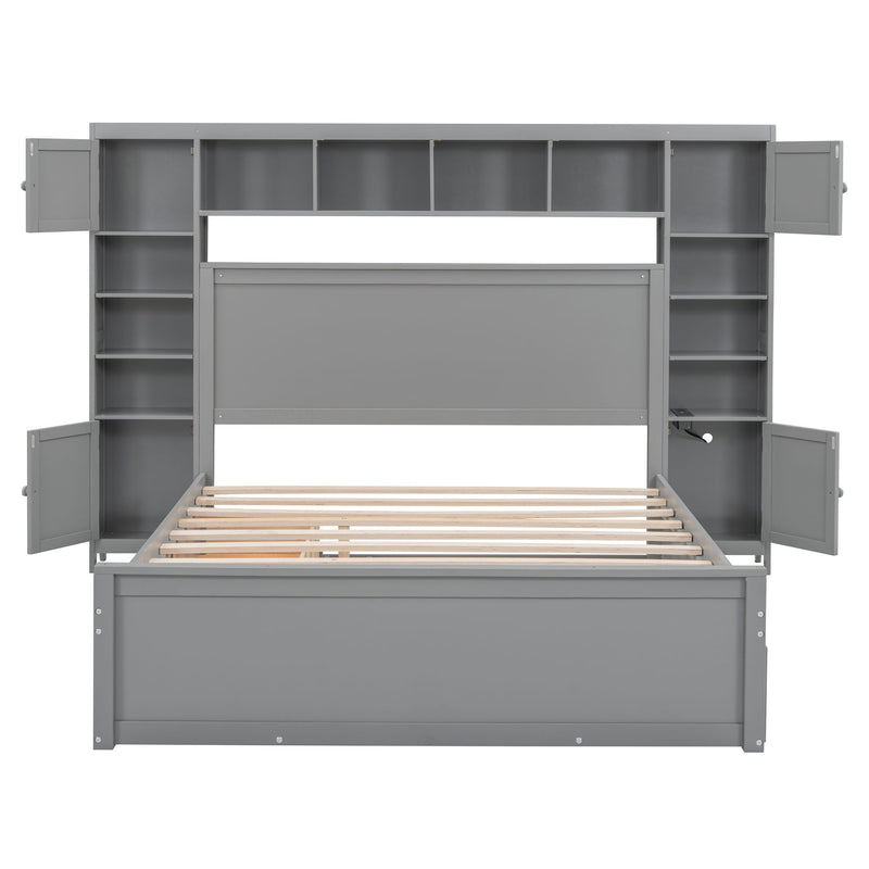 DreamHaus cabinet bed with built-in shelf, sockets, and twin long trundle, featuring sleek design and multifunctional storage.