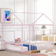 Halcyon Home metal house bed frame with fence, canopy bed design, sturdy metal construction, ideal for children's bedroom decor