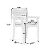 Set of two Noble House outdoor dining chairs with slat back design and acacia wood frames in gray and teak finishes.