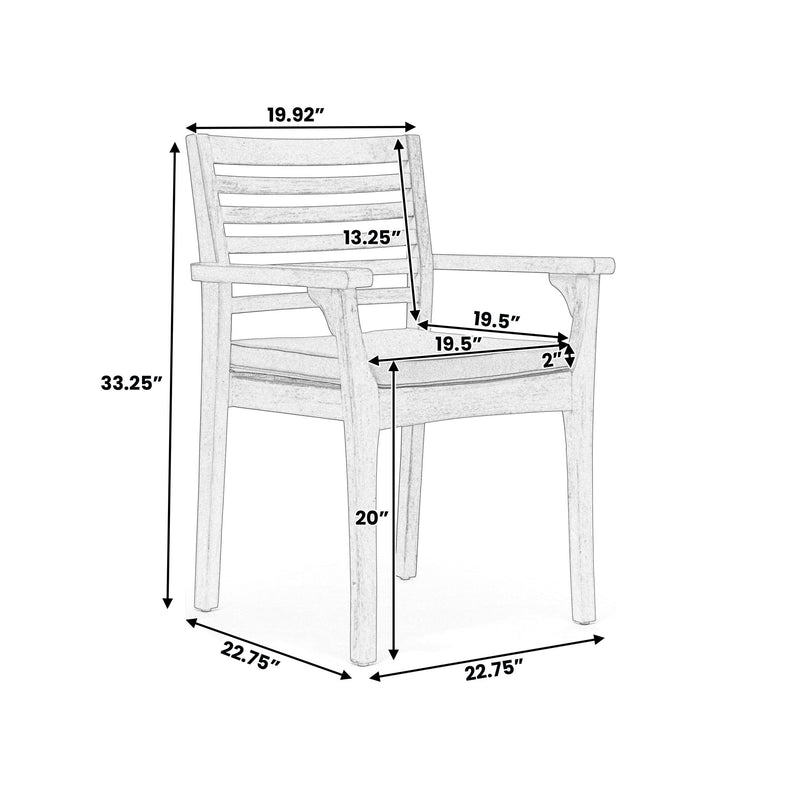 Set of two Noble House outdoor dining chairs with slat back design and acacia wood frames in gray and teak finishes.