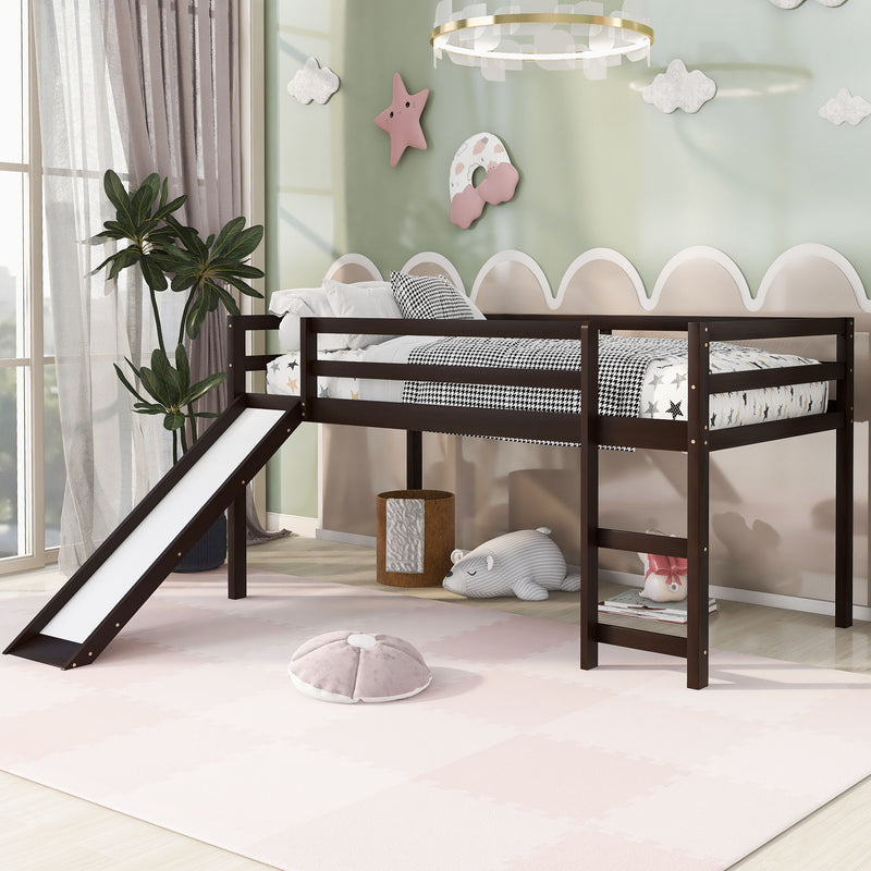 DreamHaus loft bed with slide, featuring multifunctional design, sturdy frame, and a built-in ladder for kids’ bedroom fun.