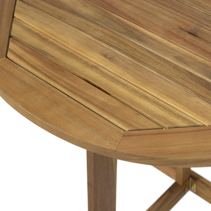 Outdoor half-round folding bistro table by Noble House made of acacia wood, ideal for patio or garden dining areas.