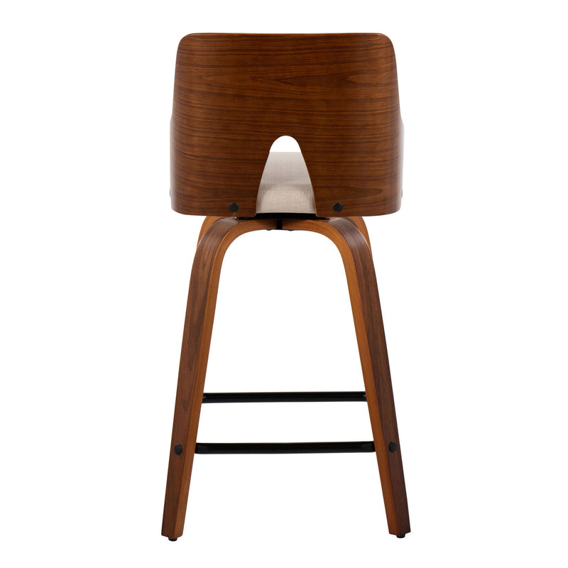 Two Lumi Source Ariana mid-century modern counter stools with sleek wooden legs and upholstered seats, set of 2.