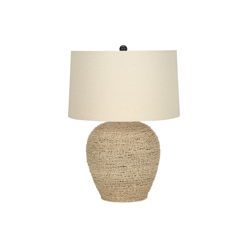 Beige 8th Street table lamp with rattan and resin base, transitional style, perfect for living room or bedside lighting.