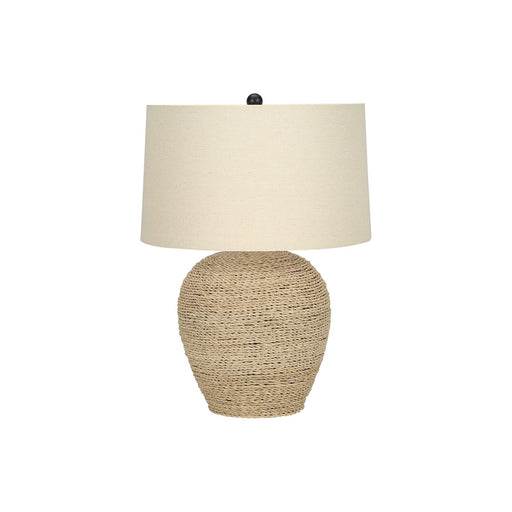 Beige 8th Street table lamp with rattan and resin base, transitional style, perfect for living room or bedside lighting.
