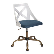 Lumi Source Charlotte farmhouse swivel task chair with antique copper, white, and blue finish, featuring a cushioned seat and wooden legs.