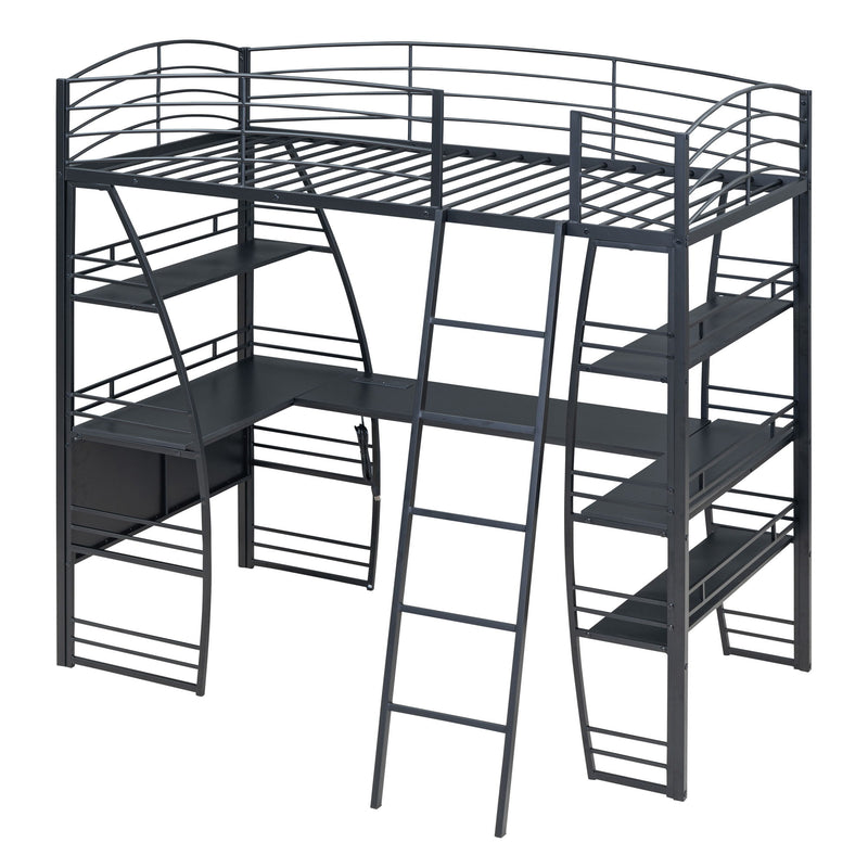 Loft Bed With 4 Layers Of Shelves And L-Shaped Desk, Stylish Metal Frame Bed With A Set Of Sockets, USB Ports And And Wireless Charging - R&R Furniture Gallery (Fountain Valley, CA)