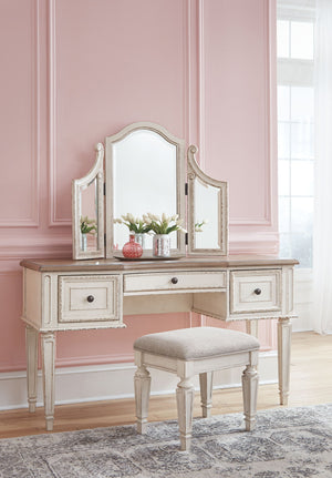 Realyn - Vanity/Mirror/Stool (Set of 3) - White / Brown / Beige - R&R Furniture Gallery (Fountain Valley, CA)