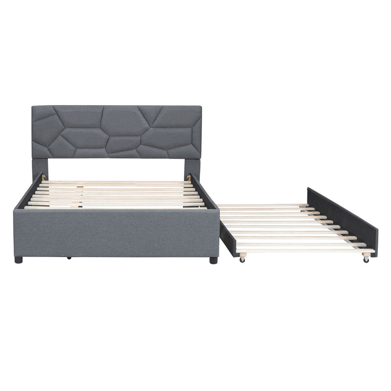 Upholstered Platform Bed With Brick Pattern Headboard And Twin Long Size Trundle - R&R Furniture Gallery (Fountain Valley, CA)