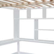 DreamHaus loft bed with built-in bookshelf, drawers, desk, and wardrobe, showcasing a functional multi-purpose bedroom furniture setup.