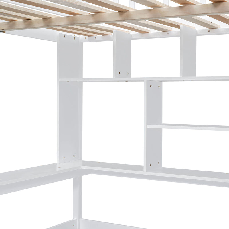 DreamHaus loft bed with built-in bookshelf, drawers, desk, and wardrobe, showcasing a functional multi-purpose bedroom furniture setup.