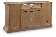 Signature Design by Ashley Wittenmyer TV stand with open shelving and storage cabinets in dark wood finish.