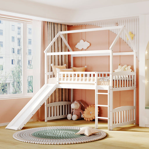 DreamHaus loft bed with built-in slide, featuring a sturdy wooden frame and a fun, space-saving design for kids' bedrooms.