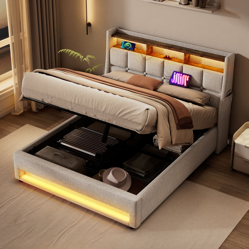 Artistry At Home upholstered platform bed with hydraulic storage, LED lighting, and USB charging ports, without mattress.