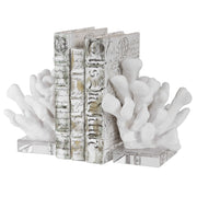 White Uttermost Charbel bookends set of 2, modern decorative metal bookends with sleek design for bookshelves.