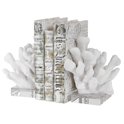 White Uttermost Charbel bookends set of 2, modern decorative metal bookends with sleek design for bookshelves.