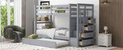 DreamHaus bunk bed with staircase and trundle, featuring sturdy wood construction and space-saving design for kids' bedrooms.