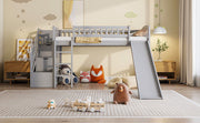 DreamHaus loft stairway bed with two drawers, convertible ladder, and slide, featuring a sturdy wooden frame and playful design.