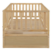 DreamHaus storage daybed with fence guardrails and two drawers, convertible into a floor bed and daybed for versatile sleeping options.