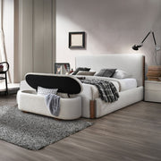 ACME Sandro storage bench in beige boucle fabric with walnut wood legs, featuring a cushioned seat and built-in storage space.