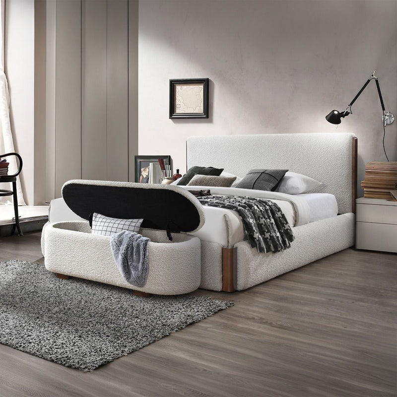 ACME Sandro storage bench in beige boucle fabric with walnut wood legs, featuring a cushioned seat and built-in storage space.