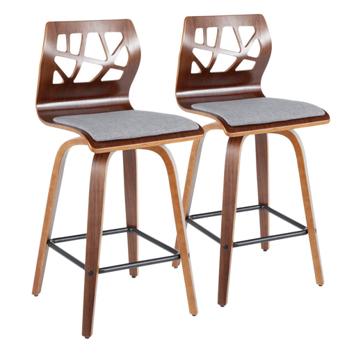 Set of two Lumi Source Folia mid-century modern fixed height counter stools with swivel, featuring sleek design and wooden legs.