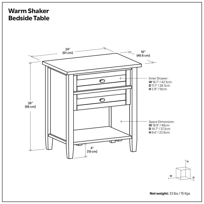 Handcrafted Warm Shaker accent nightstand by Simpli-Home with a wooden finish and a single drawer, placed next to a bed.