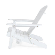 Noble House Zenithia outdoor foldable Adirondack arm chairs with built-in cup holders, shown in a natural setting