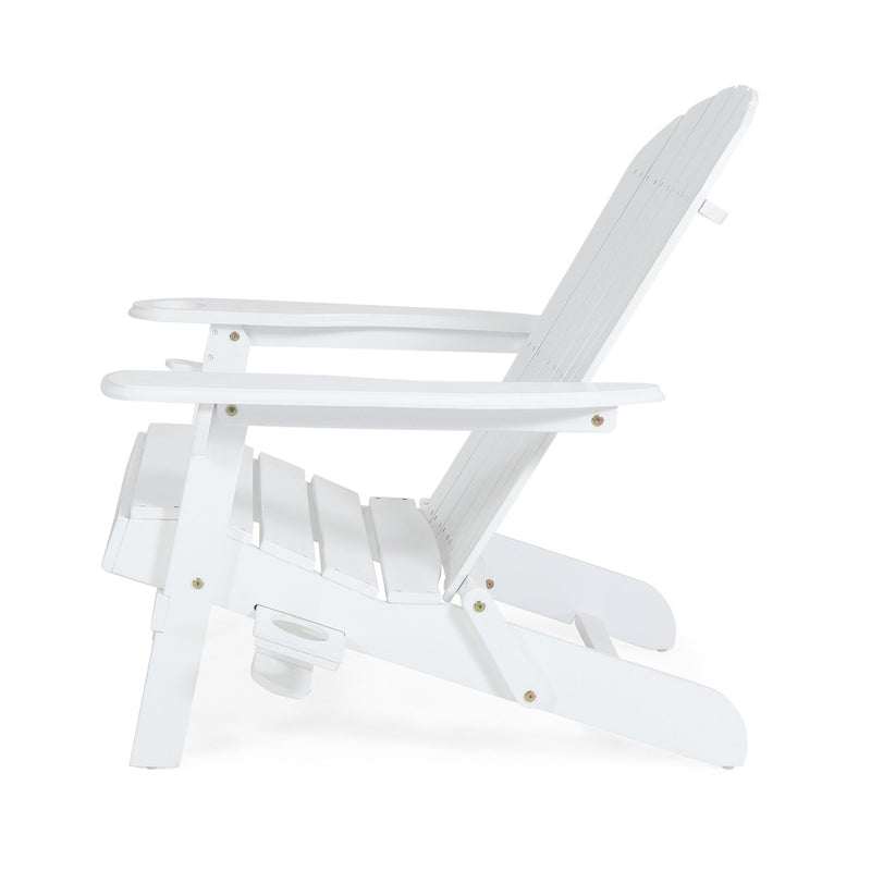 Noble House Zenithia outdoor foldable Adirondack arm chairs with built-in cup holders, shown in a natural setting