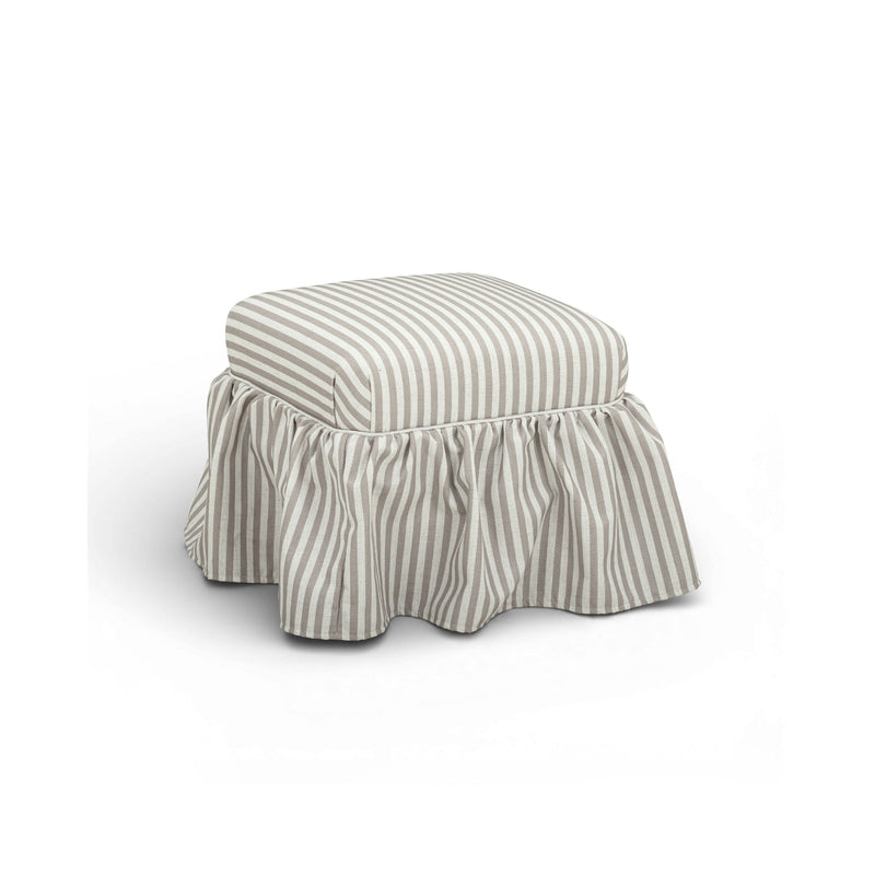 Gertrude striped linen upholstered ottoman by TOV Furniture, showcasing a stylish, cushioned design with a striped fabric pattern.
