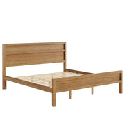 Ridgecrest Home Maddox panel bed with a wooden frame and headboard, showcasing a modern design in a cozy bedroom setting.