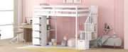 DreamHaus loft bed with built-in storage drawers, stairs with shelves, and a sturdy wooden frame for space-saving bedroom organization.