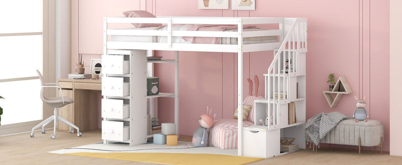 DreamHaus loft bed with built-in storage drawers, stairs with shelves, and a sturdy wooden frame for space-saving bedroom organization.