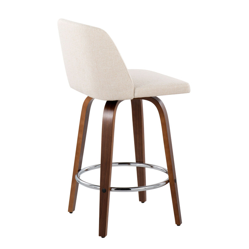 Lumi Source Toriano mid-century modern fixed height counter stools with round footrests, set of 2, featuring sleek wooden frames.