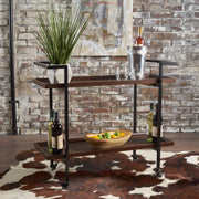 Modern industrial Noble House bar cart with shelving and casters, featuring a sleek metal frame and wooden shelves for versatile use.