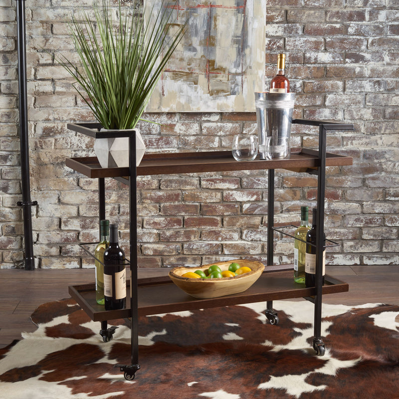 Modern industrial Noble House bar cart with shelving and casters, featuring a sleek metal frame and wooden shelves for versatile use.