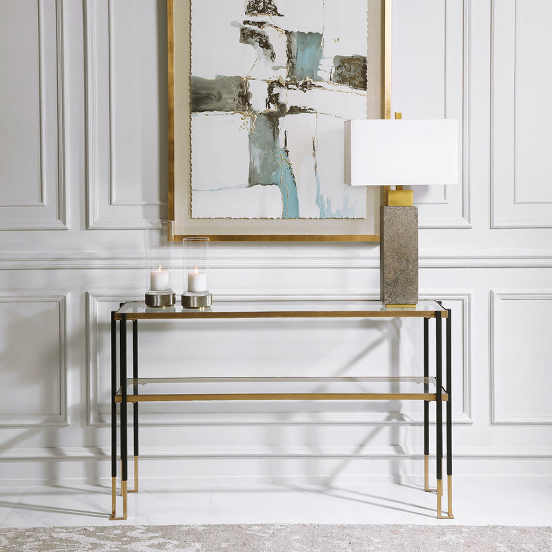 Uttermost Kentmore glass console table with sleek rectangular top and metal frame, modern design for entryway or living space.